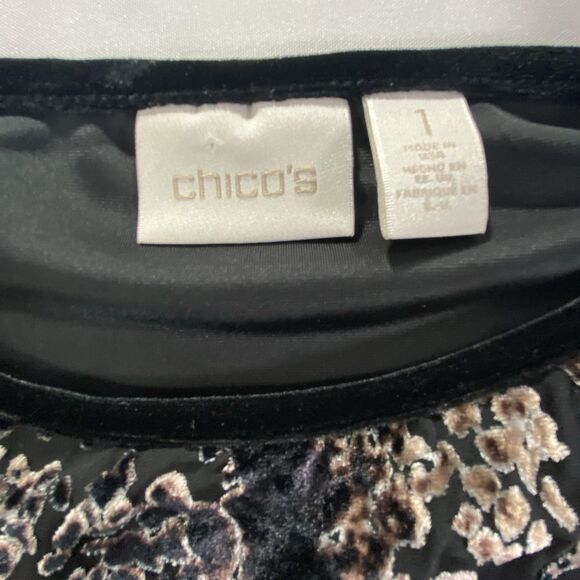 Chicos Sz 1 (U.S. 8/M) Black Velvet Burnout Floral Top Sheer Hem 3/4 Sleeve EUC - Picture 2 of 8